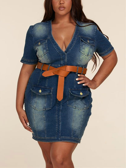 plus size belted denim dress ELOQUII Elements Women's Plus Size Belted Denim Dress