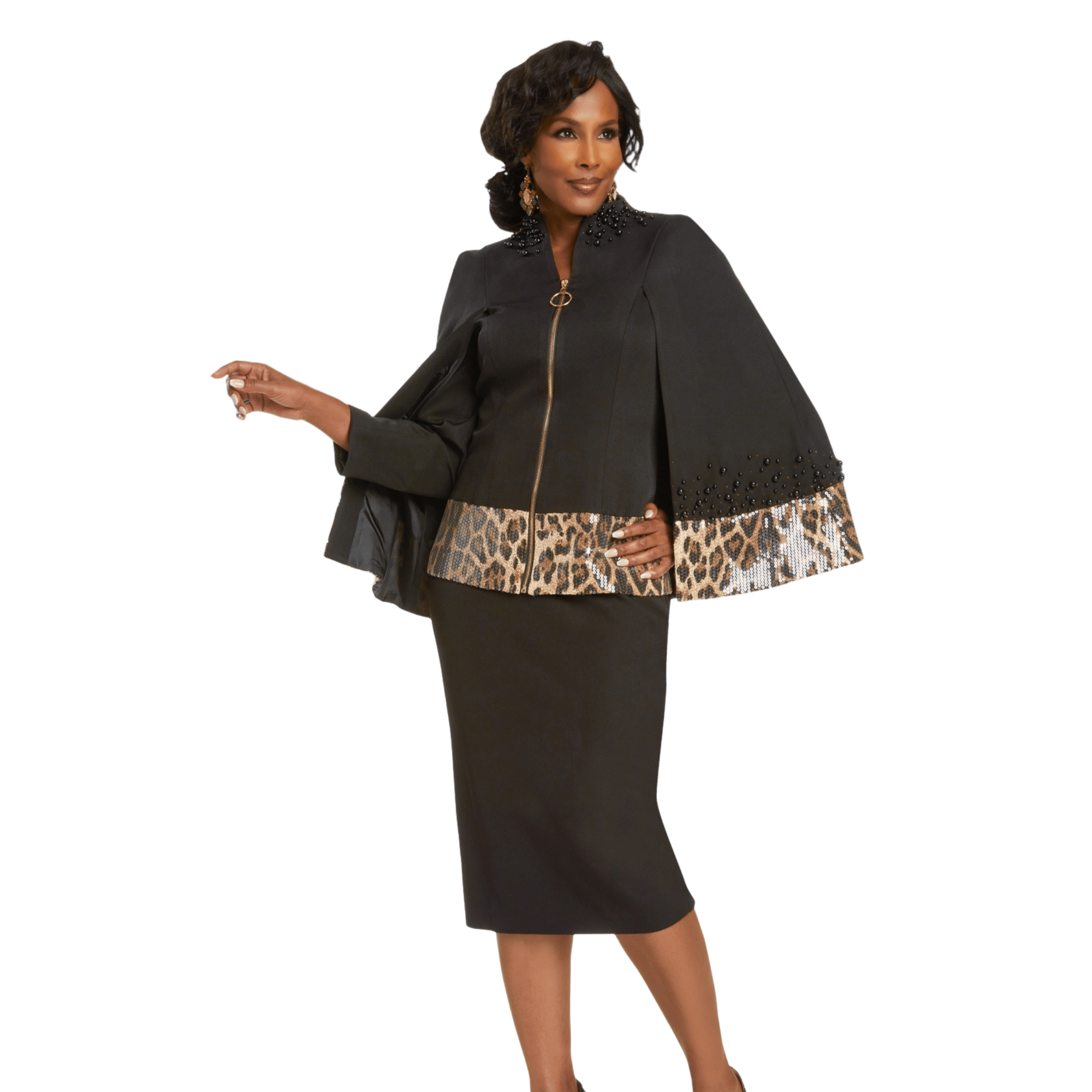 Donna Vinci Animal Print Sequin Trim Cape 2pc Skirt Suit The Immediate Resource